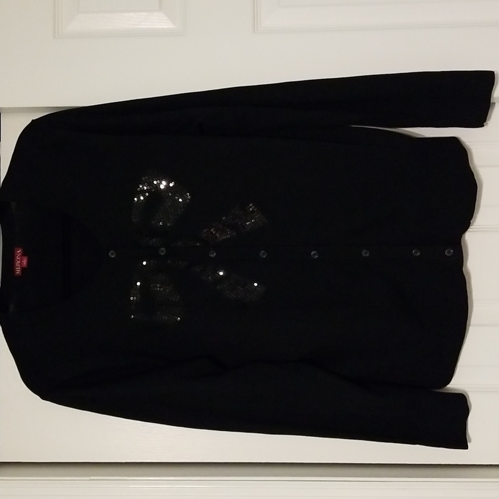 MERONA black holiday cardigan with sequin bow on front